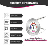 GOATACURA Vapor Capillary Refrigeration Thermometer, Stainless Steel Flanged Panel Mount, 2" Dial Size, 48" Capillary, -40-60 Deg F/-40-15 Deg C