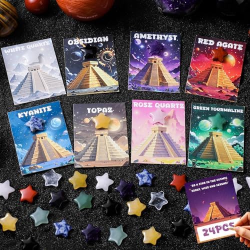 Valentine's Day Cards with Star-Shaped Gemstones, 24 Pack Valentines Gift Exchange Set for Kids School, Classroom and Party Favors with Natural Gemstones