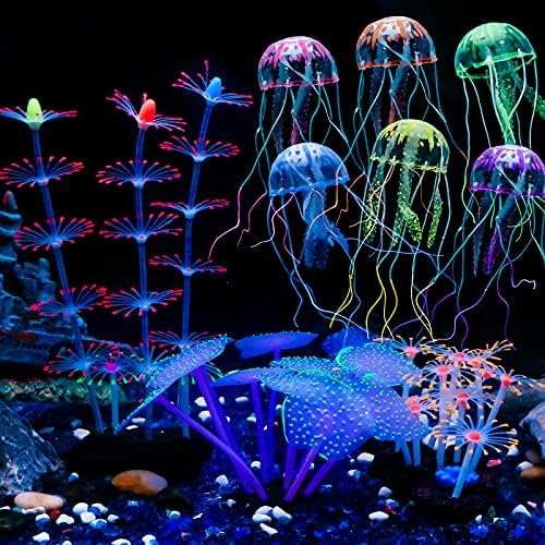 Uniclife 4 Pack Fish Tank Decorations Glowing Effect Aquarium Décor Small Silicone Artificial Jellyfish Coral Plant Ornament