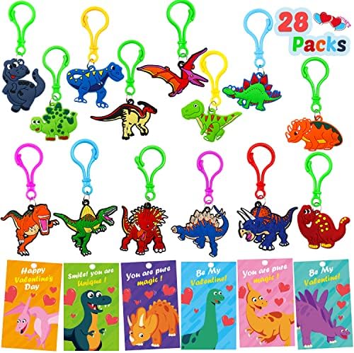 28 Pack Valentines Dinosaur Keychains with Valentine Cards , Valentines Day Gifts For Kids Dinosaur Valentines Day Cards Bulk for Kids Boy Girl Classroom School Exchange Prize Party Favors