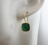 Cushion Cut Green Onyx Gold Plated Sterling Silver Drop Dangle Earrings - Handmade Jewelry Gift Ideas for Women - Christmas Gift Idea - Birthday Gift - Natural Gem Gemstone Jewelry (Green Onyx)