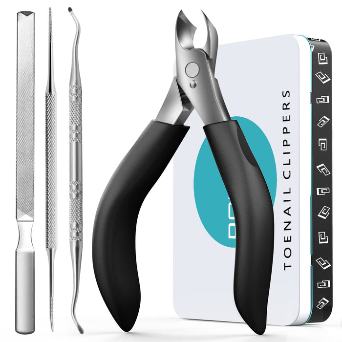 Toenail Clippers for Thick Nails for Seniors - Heavy Duty Toe Nail Clippers Kit with Long Handle for Men & Elderly with Inflexible Joints, Professional Nail Clippers Kit for Thickened Toenails (Black)