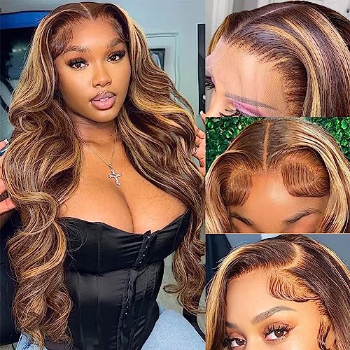 Pizazz Ombre Highlight 13x4 HD Lace Front Wigs Human Hair with Baby Hair 180 Density Glueless Wigs Human Hair Pre Plucked 4/27 Honey Blonde Body Wave Frontal Wigs Human Hair 30 Inch