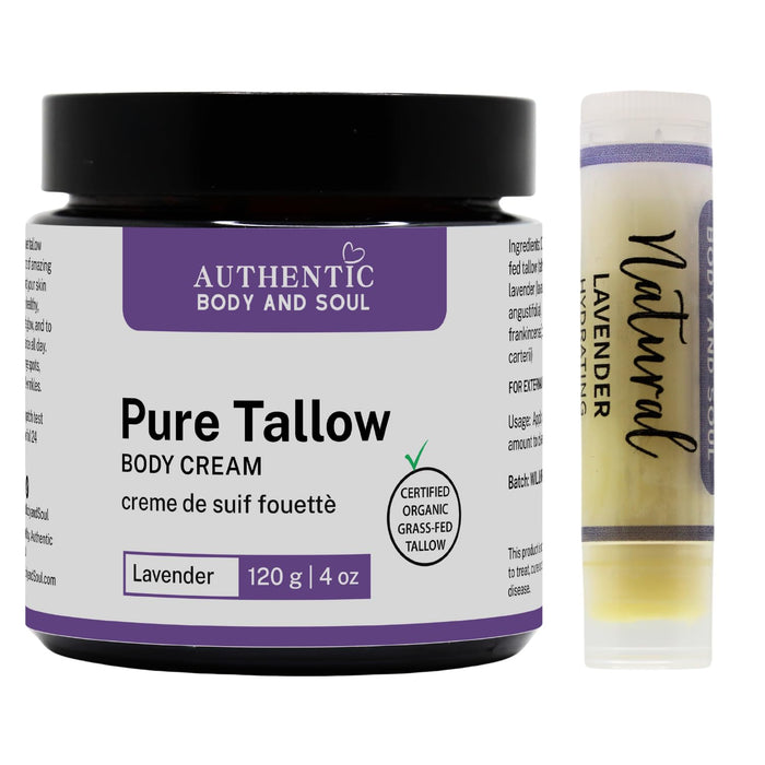 Certified Organic Tallow Cream with Lavender +Frankincense - Natural Cream for Face and Body with Tallow Lip Balm - Deep Hydration - Made with Certified Organic Grass Fed Beef Tallow (Lavender 4oz)