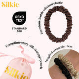 SILKIE x4 Set 100% Pure Mulberry Silk Brown Skinny Scrunchies Travel Pouch Everyday Hair Ties Elastics Hair Care Ponytail Holder No Damage (Praline)