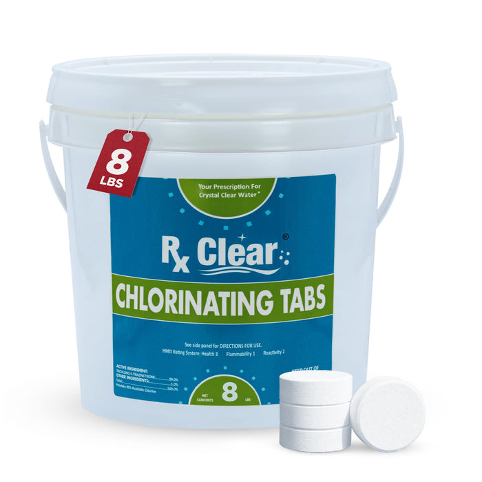 Rx Clear 3" Inch Chlorine Tabs | 8 Pounds | Individual Stabilized Chlorinating Tablets for Sanitizing Swimming Pools | Long Lasting, Slow Dissolving, and UV Protected