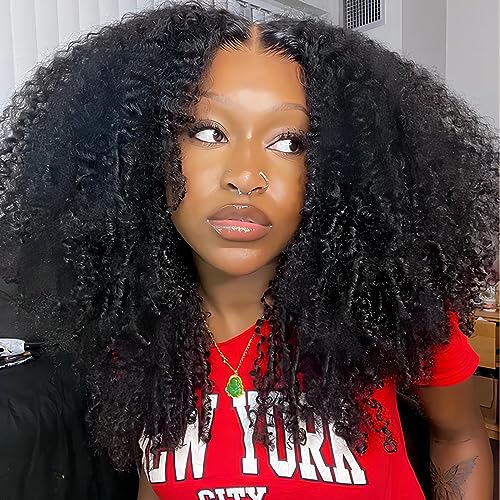 ISEE Wear and Go Glueless Wig Afro Kinky Curly Lace Front Wigs Human Hair 7x5 HD Lace Afro Curly Wigs for Women Lace Pre Cut Glueless Wigs Human Hair Pre Plucked 22 Inch