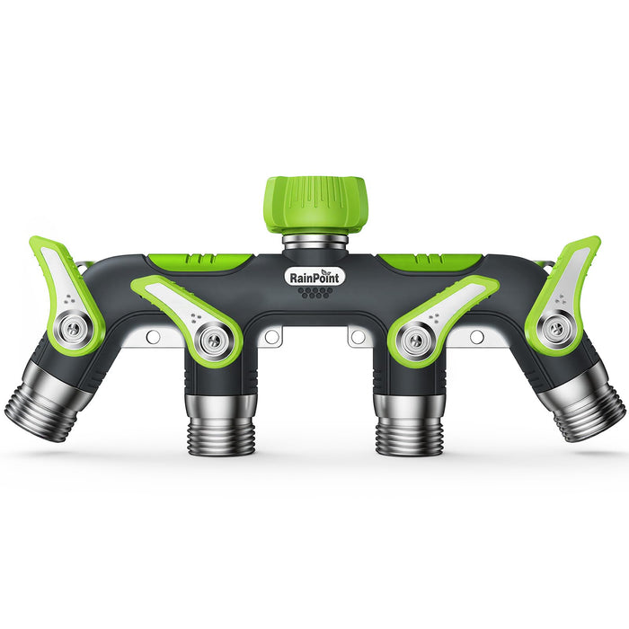 RAINPOINT 4 Way Garden Hose Splitter, 100% Metal Heavy Duty Water Hose Splitter with Individual Shut-Off Valves, 3/4" GHT High Flow Outdoor Faucet Splitter, 1.81" Extra Long Handle (Green)