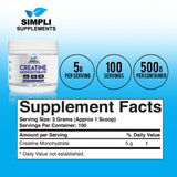 Simpli Supplements Creatine Monohydrate Micronized Powder, Unflavored, Keto Friendly, 500g