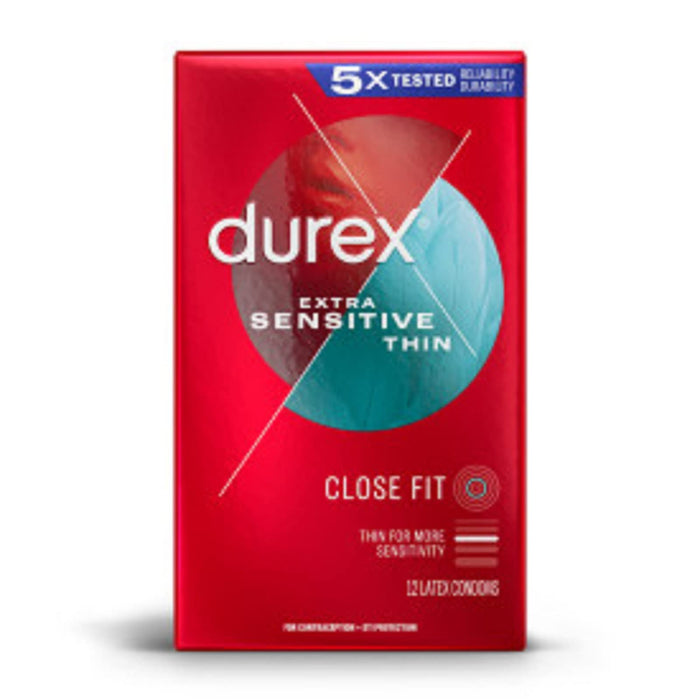 Durex Extra Sensitive Lubricated Ultra Thin Premium Condoms, Close Fit, 12 Ct, FSA/HSA Eligible, Discreet Packaging