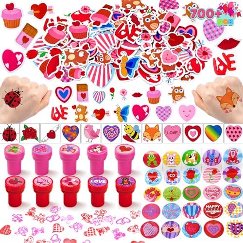 JOYIN 700+ Pcs Valentines Day Party Favor Supplies Craft Set, Foam Stickers for Kid, Tattoos, Stampers & Stickers for Decorations, Photo Props, School Classroom Holiday Exchange Game Prizes, Art Craft