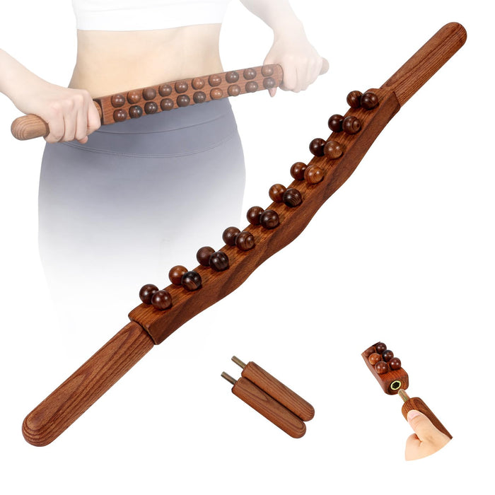 Wood Therapy Guasha Wood Stick Massage Tools,Lymphatic Drainage Massage Stick,Stomach Cellulite Massager,Myofascial Release Tool,Ease Pain Self Body Sculpting,Mountable Handle Double Row 20 Beads