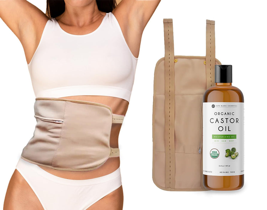 Kate Blanc Cosmetics Castor Oil Pack Wrap with 16oz Organic Castor Oil Glass Bottle Castor Oil Packs for Liver Detox. Reusable, Comfortable Fit, Adjustable