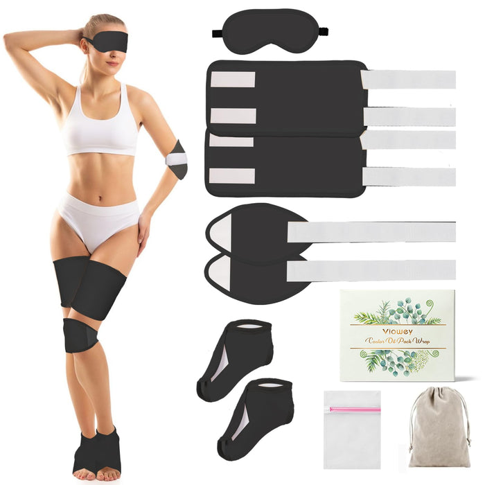Black Castor Oil Pack Wrap Organic Flannel Cotton, Castor Oil Packs for Eyelashes and Eyebrows, Castor Oil Wrap Pads for Knee and Leg, Castor Oil Pack Kit for Feet, Reusable, Machine Washable