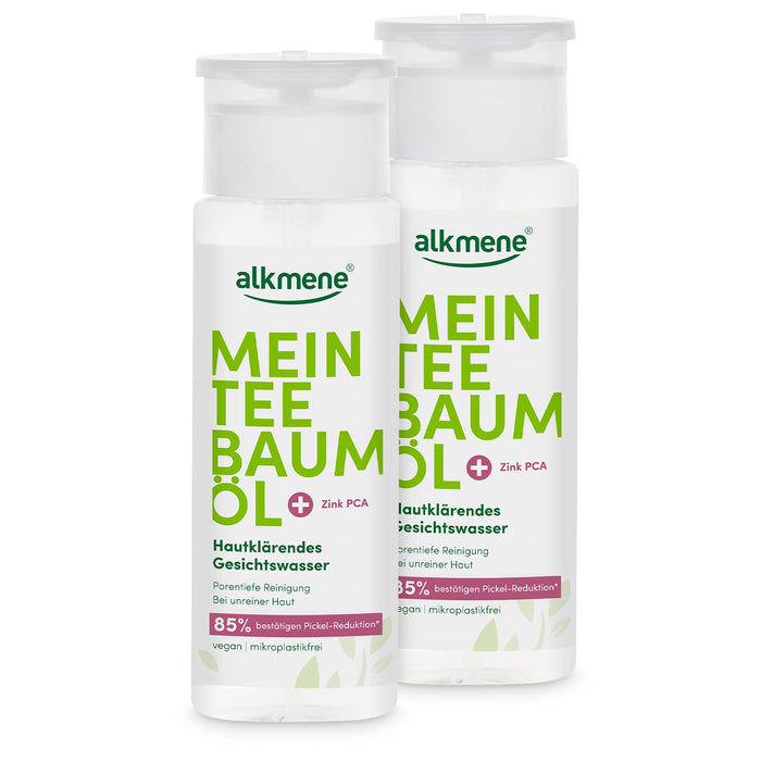 alkmene Mein Teebaumöl Gesichtswasser 2x 150 ml Pickel Reduktion 85% bestätigt - naturreines Teebaumöl, vegan & klimaneutral - Gesichtsreinigung für unreine Haut - Facial Toner Gesicht, Face Tonic