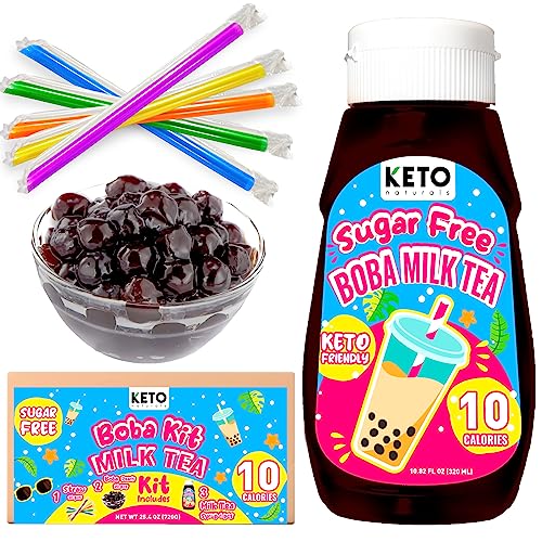 Sugar Free Boba Kit Milk Tea (21 servings) Diet 10 calories only. Keto friendly bubble tea kit Taiwanese milk tea. Low calorie drinks delicious boba tea kit. One kit contains boba pearls, sugar free milk tea syrup and straws