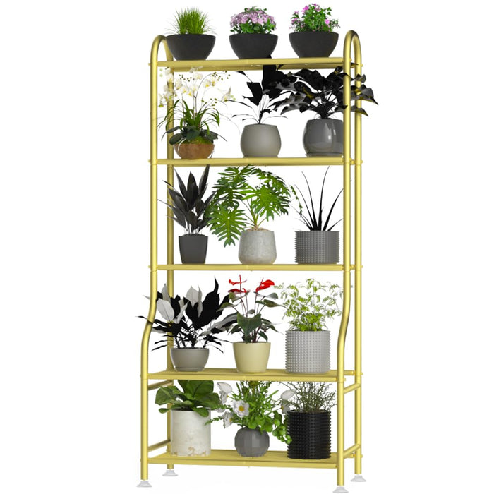 Yutrchey 5-Tier Metal Plant Stand - Heavy Duty Indoor Outdoor Flower Shelf for Multiple Pots, 65" Tall Vertical Holder with Adjustable Leveling Feet & Wall-Fixing Kits, Gold