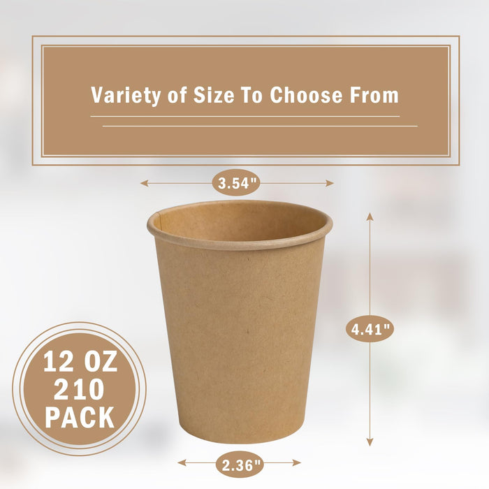 Lamosi 210 Pack 12 OZ Paper Coffee Cups, Disposable Kraft Paper Cups, Unbleached Brown Cups for Hot/Cold Beverage Party Home Office