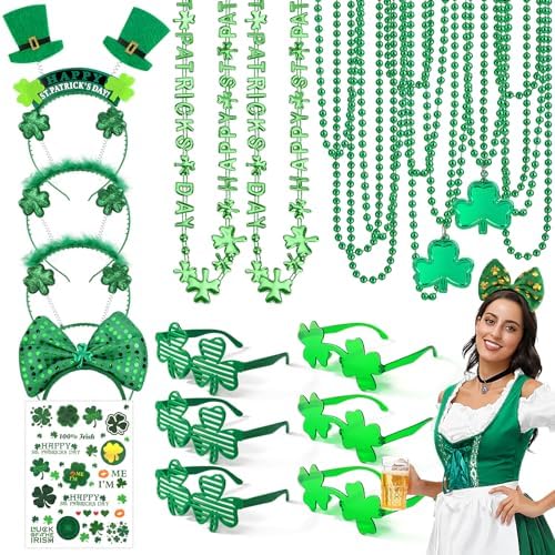 29Pack St Patricks Party Favors of 16pcs Shamrock Beads Necklace Bulk, 6pcs Clover Eyewear Sunglasses, 6pcs Green Hats Headband, 1pc St. Patrick's Day Stickers Party Dressing-up Costume Accessories