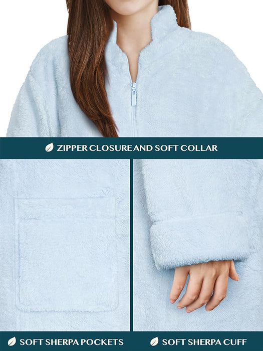 PAVILIA Womens Housecoat Zip Robe, Sherpa Zip Up Front Robe Bathrobe, Fuzzy Warm Zipper House Coat Lounger for Women Elderly with Pockets, Fluffy Fleece Long Plus Size, Light Blue (2X/3X)