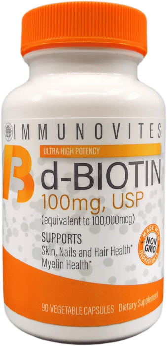 IMMUNOVITES High Dose Biotin (as d-Biotin, USP) 100mg (Equivalent to 100,000mcg) 90 Capsules, High Potency