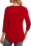 XIEERDUO 3/4 Length Sleeve Womens Tops Plus Size Round Neck Pleated Tunic Tops Loose Fit Christmas Red XXL