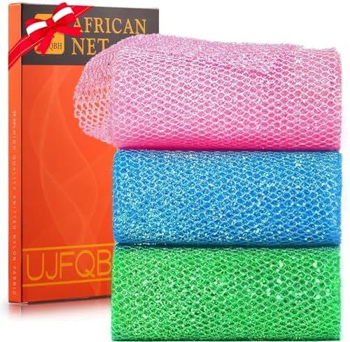3 Piece Bright Style African exfoliating net Exfoliating Shower Set Long Bath Sponges for Smooth, Refreshed Skin, The Exterior Gleams - Ideal for Daily Use (Bright Pink, Blue, Green)