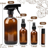 Loretoy Glass Spray Bottle Kit×10 (2×16oz, 2×4oz, 6×2oz), 9×10ml Roller Bottles, Anti UV, Multi Size and Versatile, Suitable for Aromatherapy, Facial Moisturizing, Watering, etc.(Amber)