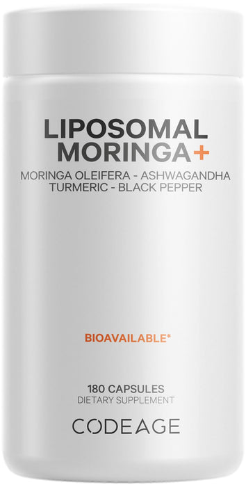 Codeage Liposomal Moringa+ Supplement, 400mg Moringa 50:1 Extract (20,000mg Moringa Oleifera Leaf Equivalent), Turmeric, Ashwagandha, Black Pepper, 3-Month Supply, Vegan Moringa Powder - 180 Capsules