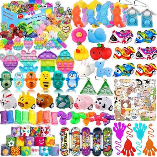 124 Pcs Party Favors for Kids 4-8-12, Pop Fidget Treasure Box Toys, Goodie Bag Fillers, Pinata Stuffers, Treasure Chest, Carnival Prizes, Prize Box Toys for Kids Classroom