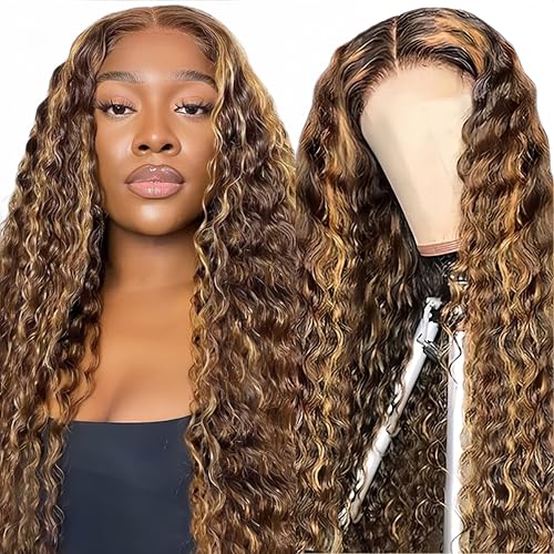 PYY 4/27 Ombre Deep Wave Human Hair Wig - 13x4 HD Transparent Lace Front Wig, Highlight Wig Human Hair, Pre-Plucked Hairline with Baby Hair, Glueless, 200 Density 24inch
