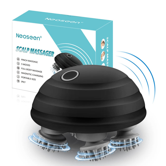 Portable Electric Scalp Massager,IPX7 Waterproof Cordless Scalp Massager w/ 5 Kneading Modes & 100 Nodes, for Scalp Stress & Pain Relief, Ideal Gifts for Women, Men, Pets(Black- Magnetic Charging)