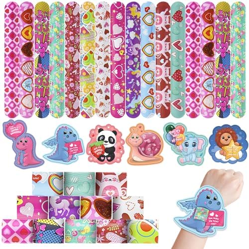 Valentines Day Cards for Kids School 24 Pcs Slap Bracelets for Party Favors, Holiday Slap Bracelets with Colorful Hearts for Girls Valentine's Day Party Decorations Classroom Prizes Birthday Gifts