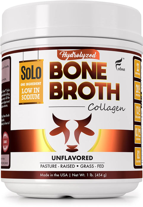 Solo Bone Broth Protein Powder|Low Sodium, Pure Hydrolyzed Collagen, For Healthy Skin, Nails, Hair, Joints & Digestion, Grass Fed, Non-GMO, Gluten Free, Paleo/Keto Friendly, 20g Protein Per Serving