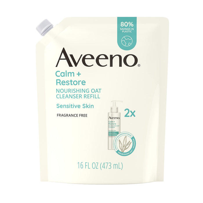 Aveeno Calm + Restore Nourishing Oat Facial Cleanser for Sensitive Skin, Gentle Face Wash with Nourishing Oat & Calming Feverfew, Hypoallergenic, Fragrance-Free, Refill Pouch, 16 fl. Oz