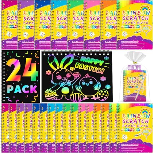 Party Favors for Kids 4-8-12: 24 Pack Scratch Rainbow Art Notebook, Colorful Crafts Goodie Bags Kit, Bulk Gifts for Valentines Easter Basket Stuffers Birthday Girl Boy Children Classroom Prizes