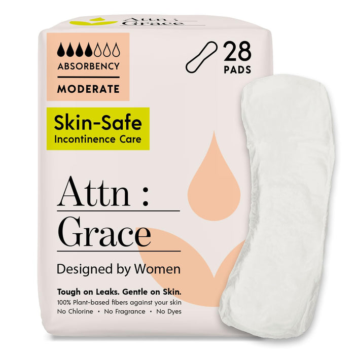 Attn: Grace Moderate Incontinence Pads for Women (28-Pack) - Discreet High Absorbency Sensitive Skin Protection - Medium Bladder Leaks or Postpartum - 100% Breathable and Plant-Based