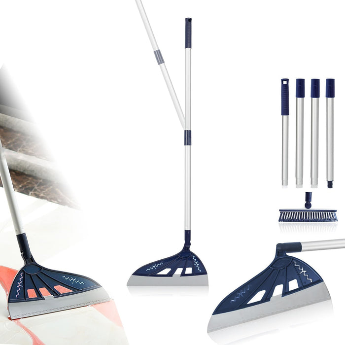 Heilo Magic Broom Sweeper Household Silicone Broom, Multifunction Squeegee with 2 Heads Brush and Scrape, Magic Broom with Extra-Long Adjustable Aluminum Handle for Floor, Glass, Tile (Ocean Blue)