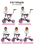 newyoo Tricycle for Toddlers 1-3, Toddler Bike, 5 in 1 Trike with Push Handle, Christmas and Birthday Gift and Toy for Girls, Convert to Baby Balance Bike, Pink, TR008