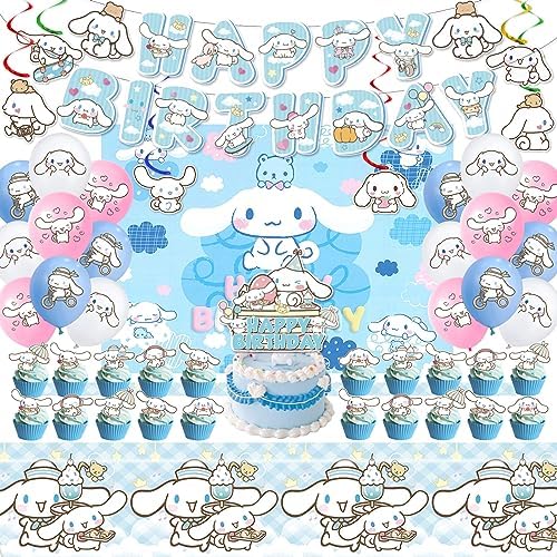 Cinnamoroll Birthday Decorations, Party Supplies Set Include Banner, Backdrop, Balloons, Hanging Swirls, Cake Cupcake Toppers, Tablecloth for Kids Cinnamoroll Theme Party