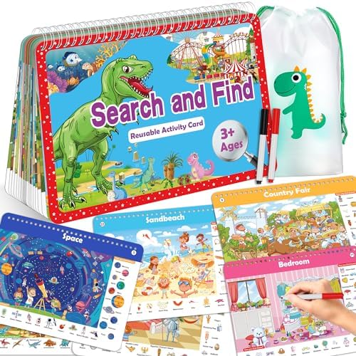 Search and Find Book for Kids Ages 4-6,3-8, Reusable Activity Mats with 2 Dry Erase Markers 24 Themes Activity Book,Educational Toys for 3+ Year Old