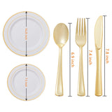 N9R 125PCS White Plastic Plates with Gold Rim & Disposable Gold Plastic Silverware Set, Include 25 Dinner Plates, Dessert Plates, Gold Forks, Knives and Spoons, Sturdy Enough for Wedding Party