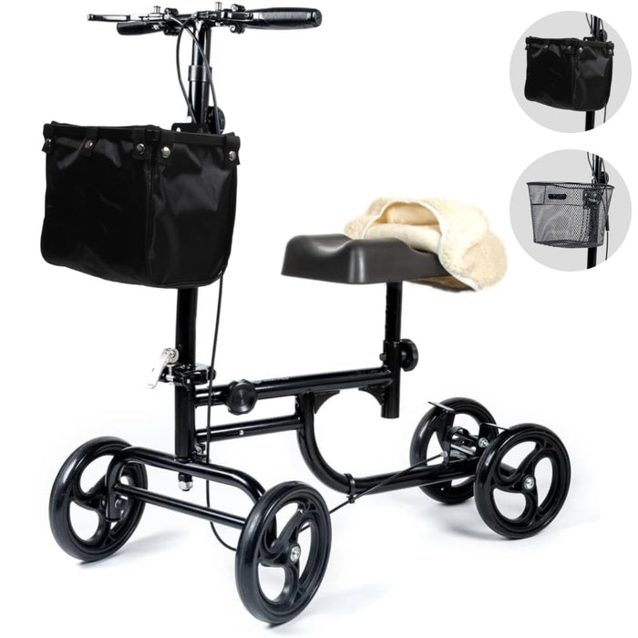 BodyMed Knee Walker for Leg and Foot Injuries with Dual Brakes, Metal Basket & Knee Pad Cover – Collapsible and Adjustable Knee Scooter, Broken Leg Caddy, Better Alternative to Crutches