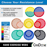 CanDo Hand Exercise Webs for Physical Therapy, Grip Strengthening, and Hand, Finger, Wrist Resistance Workouts, Portable Size, Low Powder, 14" Diameter, Multi-Resistance: Light/Heavy