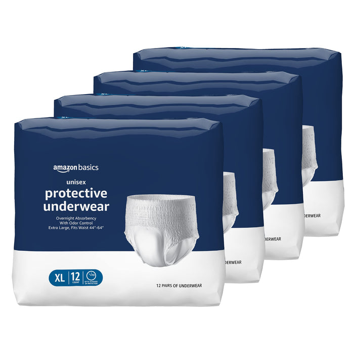 Amazon Basics Unisex Protective Underwear, Overnight Absorbency, Extra Large, 48 Count, (4 Packs of 12)