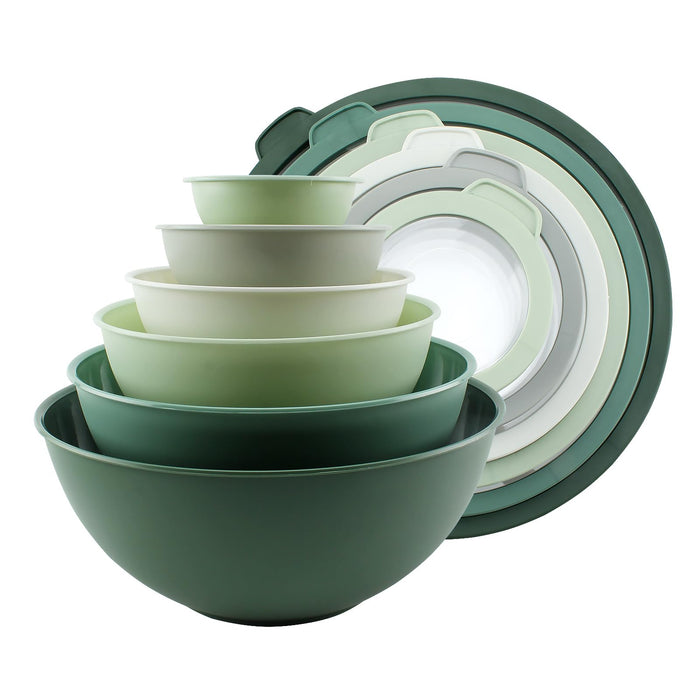 COOK WITH COLOR Mixing Bowls with Non Slip Bottom - 12 Piece Plastic Nesting Bowls Set includes 6 Prep Bowls and 6 Tritan Lids - Microwave Safe (Sage)