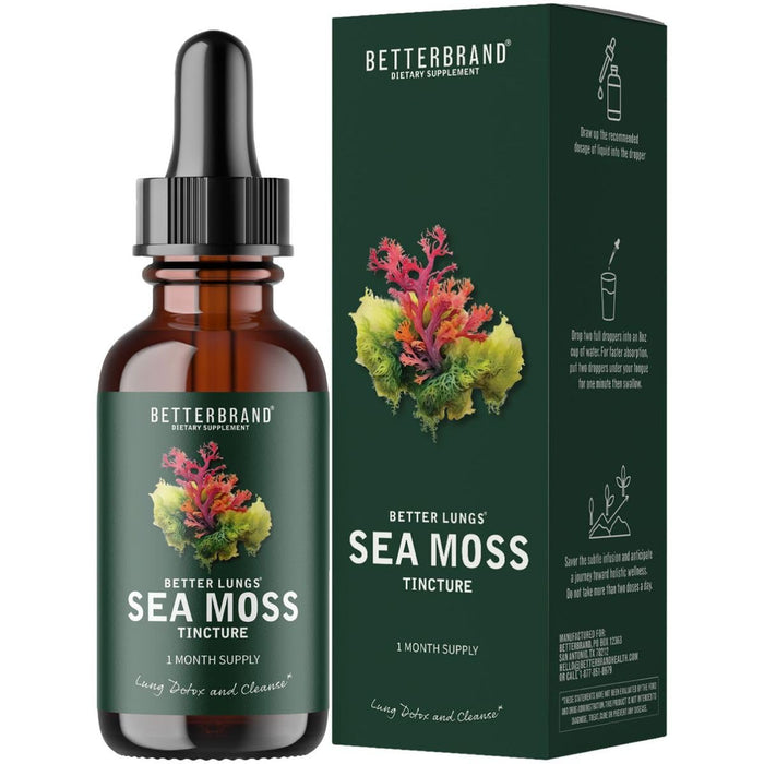 Betterbrand BetterLungs Sea Moss Tincture Drops - Powerful Absorption for Lung Health, Digestive, Joint & Thyroid Support - Irish Sea Moss, Spirulina, Bladderwrack & Burdock Root (30 Day Supply)