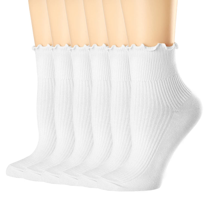 Mcool Mary Women's Ruffle Socks,Turn-Cuff Casual Cute Ankle Socks Warm Cotton Knit Lettuce Low Cut Frilly White Socks for Women 6 Pack