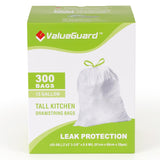 ValueGuard Large Trash Bag 13 Gallon Tall Drawstring 100% Post-Consumer Recycled Garbage Bag Waste Bag for Kitchen Office 0.8 Mil (300 Count)