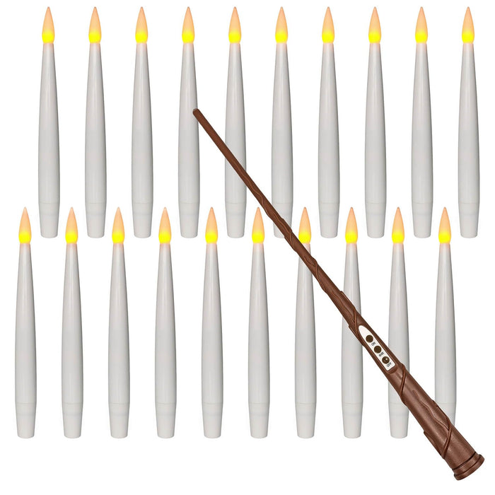 Leejec Floating Candles with Magic Wand Remote (6/18H Timer), 20pcs 6.1” Hanging Flameless Taper Candles, Flickering Warm Light, Halloween Christmas Classroom Windows Wedding Party Decor(White)